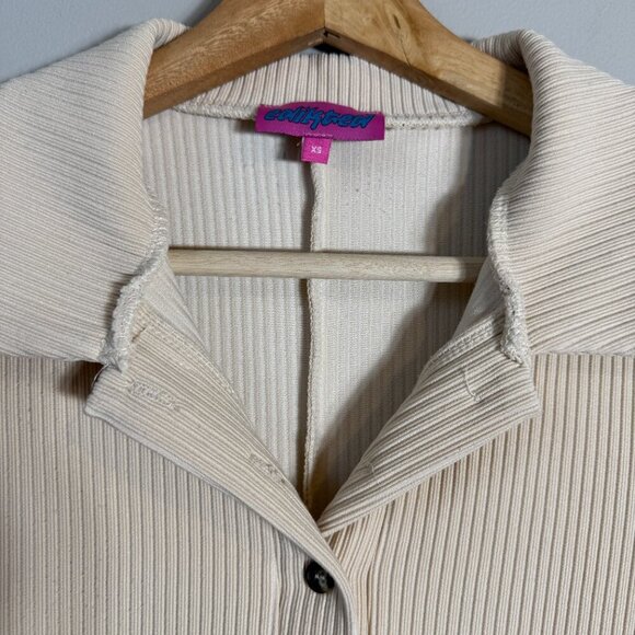 Edikted Lucia Ribbed Romper Women's XS Tan Button Up Collared Micro Mini Bodycon - Picture 7 of 15